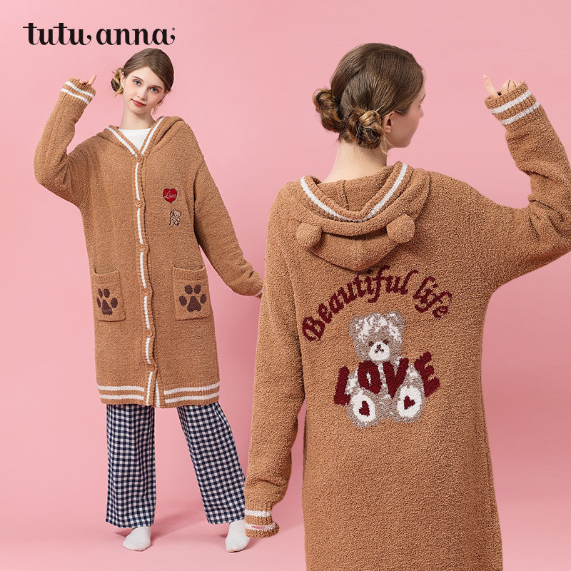 tutuanna秋冬睡衣女半边绒新款加厚小熊连帽加绒家居服长款睡袍女,女士内衣/男士内衣/家居服,睡袍/浴袍,淘宝优惠券,粉丝福利购,淘宝优惠卷