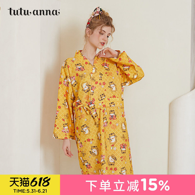 tutuanna春秋家居服睡衣 女 起毛布老虎满印甚平长款全棉睡裙女
