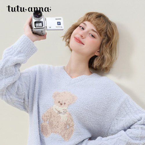 tutuanna秋冬半边绒睡衣女 小熊格子提花加厚长款睡裙家居服女