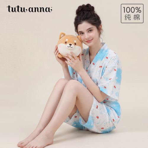 tutuanna春夏睡衣女 全棉双层纱金鱼满印短袖甚平睡裙家居服套装
