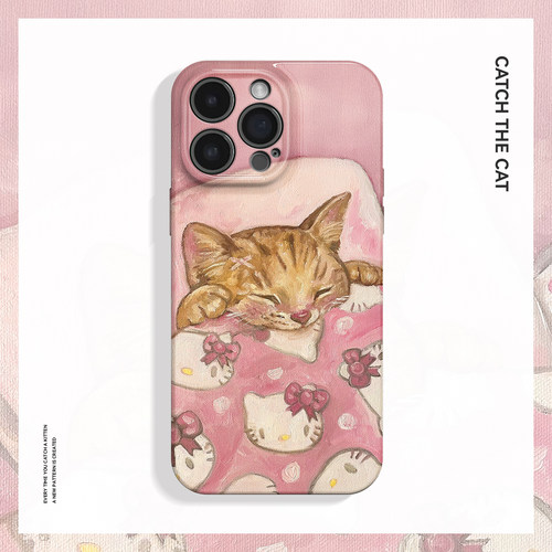 粉色被子~治愈睡觉小猫ins适用iPhone16/15pro手机壳华为mate70小米14油画vivoS19少女iqooneo10苹果14荣耀90