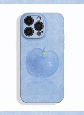 蓝色苹果~小众艺术插画ins适用iPhone16/15pro手机壳新华为mate70小米14简约vivoS19软iqooneo10苹果14荣耀90