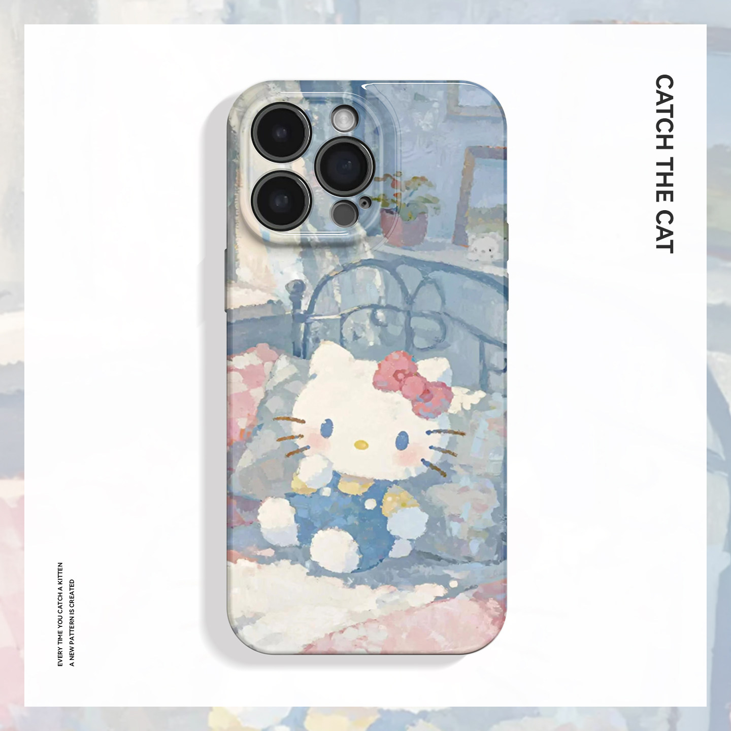 蓝灰凯蒂~清新油画ins适用苹果17promax手机壳iphone16华为nova14小米15艺术opporeno13软壳vivox200一加ace6