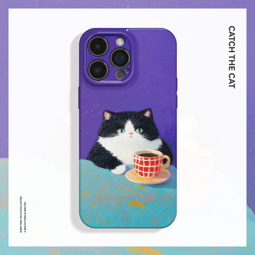 紫色小猫~简约油画全包适用iPhone15/16promax手机壳新华为pura70小米14菲林13软12可爱11OPPOreno9/vivos19
