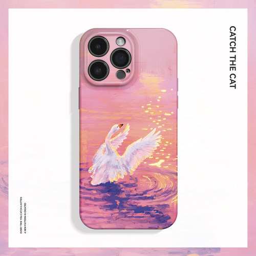 粉色余晖~波光天鹅油画适用iPhone16promax手机壳苹果13华为pura70小米14oppo荣耀magic6艺术iqoo13一加ace5