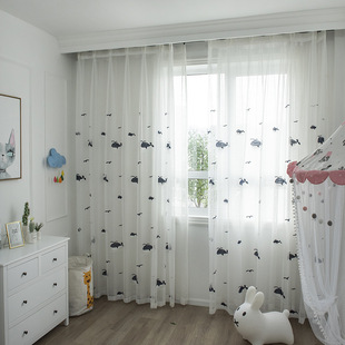 外贸新款 卡通刺绣日系透光毛巾绣立体绣窗纱窗帘成品纱帘 鲸鱼韩式