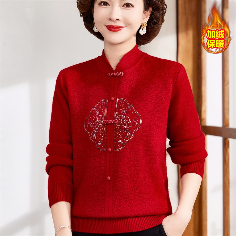 新中式妈妈冬装加绒加厚毛衣中老年国风旗袍领打底衫宽松保暖上衣