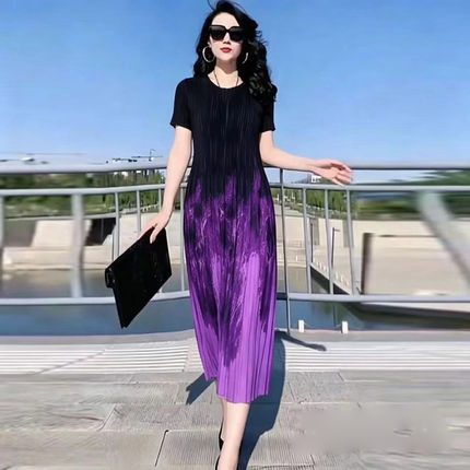 2026夏季新女装时尚短袖显瘦三宅风褶皱连衣裙薄款印花中长款裙子