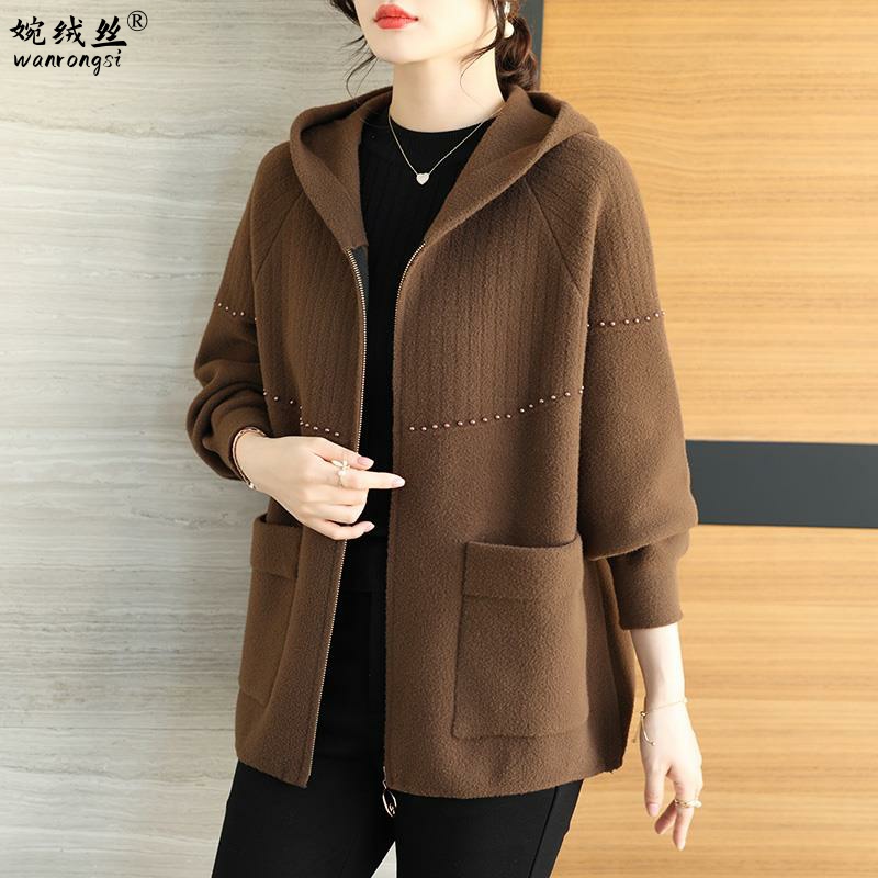 中年妈妈秋冬连帽双面羊绒开衫女大衣宽松外搭加肥加大码洋气外套