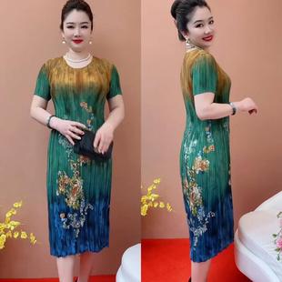 百褶皱连衣裙,中年妈妈装,夏季连衣裙,冰丝双绉弹力,多色可选