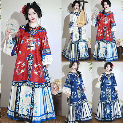 原创国色牡丹清汉女清朝宫廷风圆领对襟国风重工印花清汉女服装