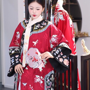 古装旗袍清代印花汉服清朝旗装红色格格服装中式宫廷风满族民族风