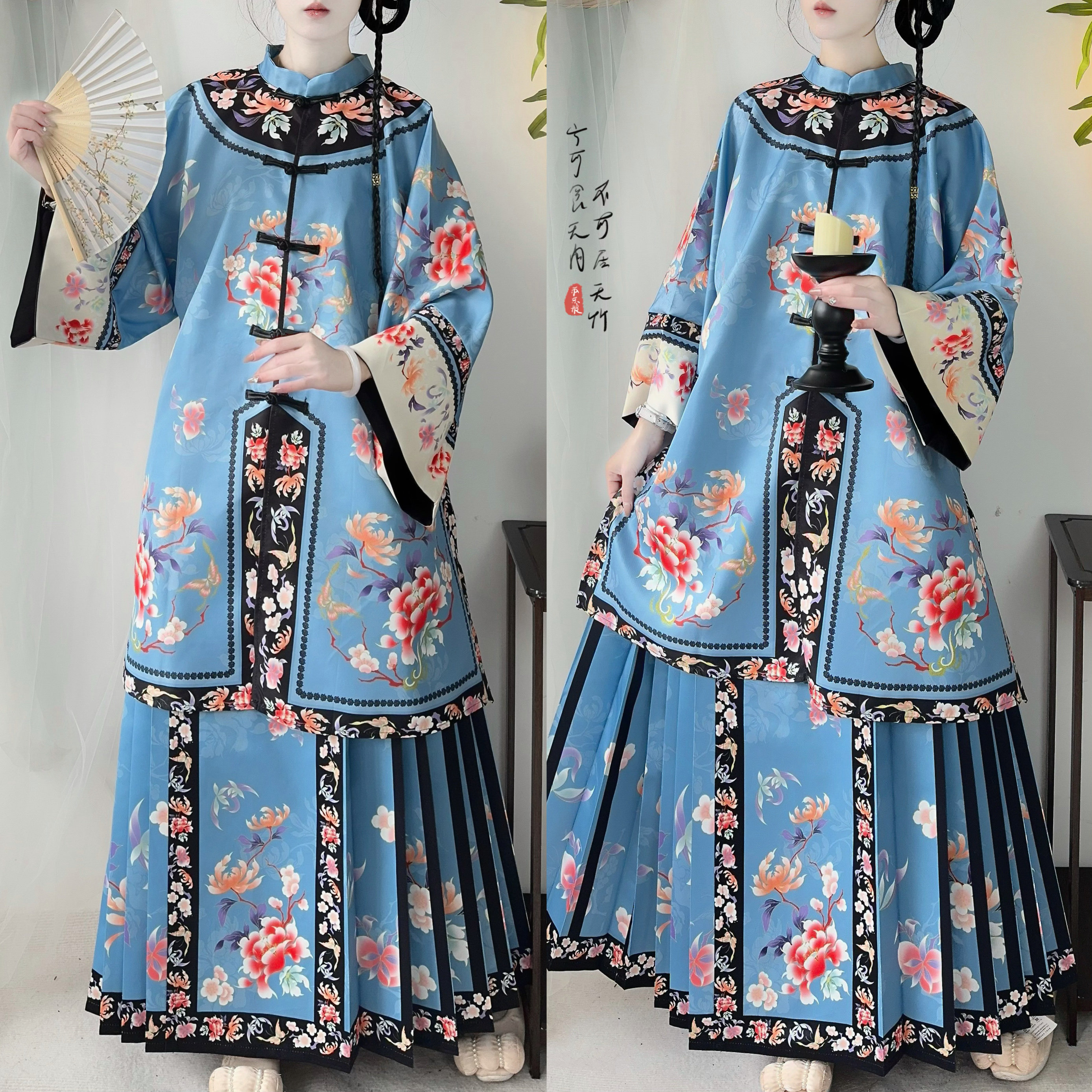 清汉女对襟圆领汉服复古风民族服装清代宫廷装影楼上衣马面裙套装