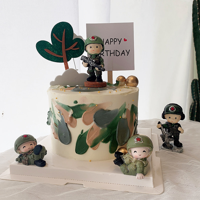 建军特种兵男孩蛋糕装饰摆件迷彩服兵哥哥飞机坦克生日蛋糕装饰
