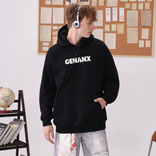 GENANX闪电潮牌秋冬新款加绒上衣保暖简约百搭宽松连帽卫衣男女