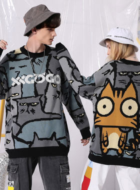 XXGOGO秋冬撞色小猫logo提货宽松落肩袖毛衣男女同款灰蓝色情侣装