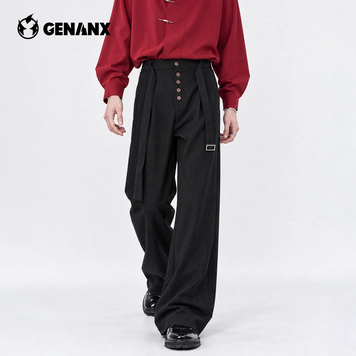 GENANX腰部纽扣装饰阔腿西裤2026秋季新款高腰褶裥垂坠拖地裤直筒