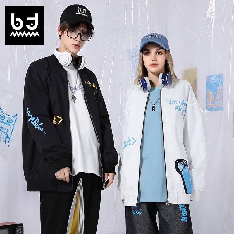 bt春秋季小雏菊英文印花拉链夹克宽松棒球服领外套男女同款情侣