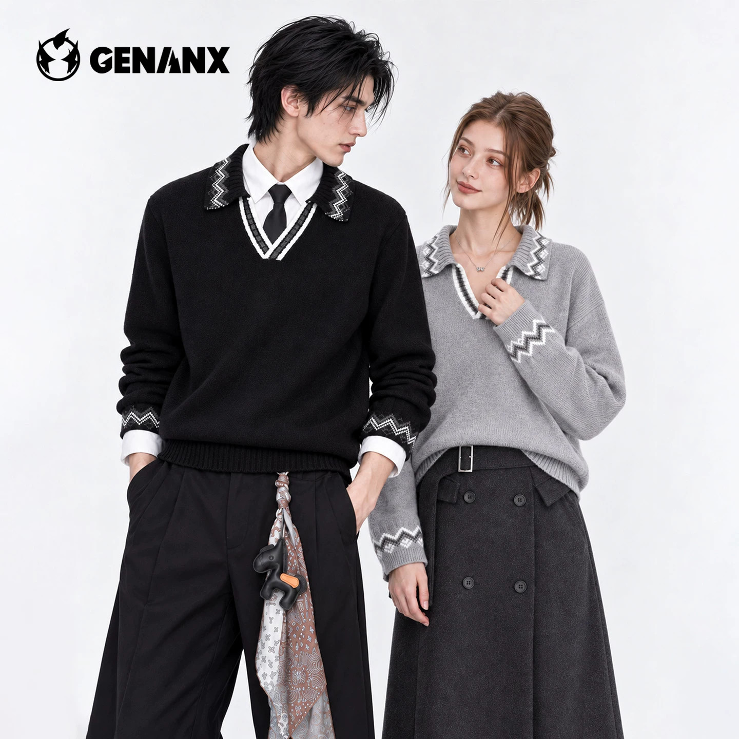 GENANX费尔岛提花V领毛衣2026冬季新款情侣装学院风提花针织衫男