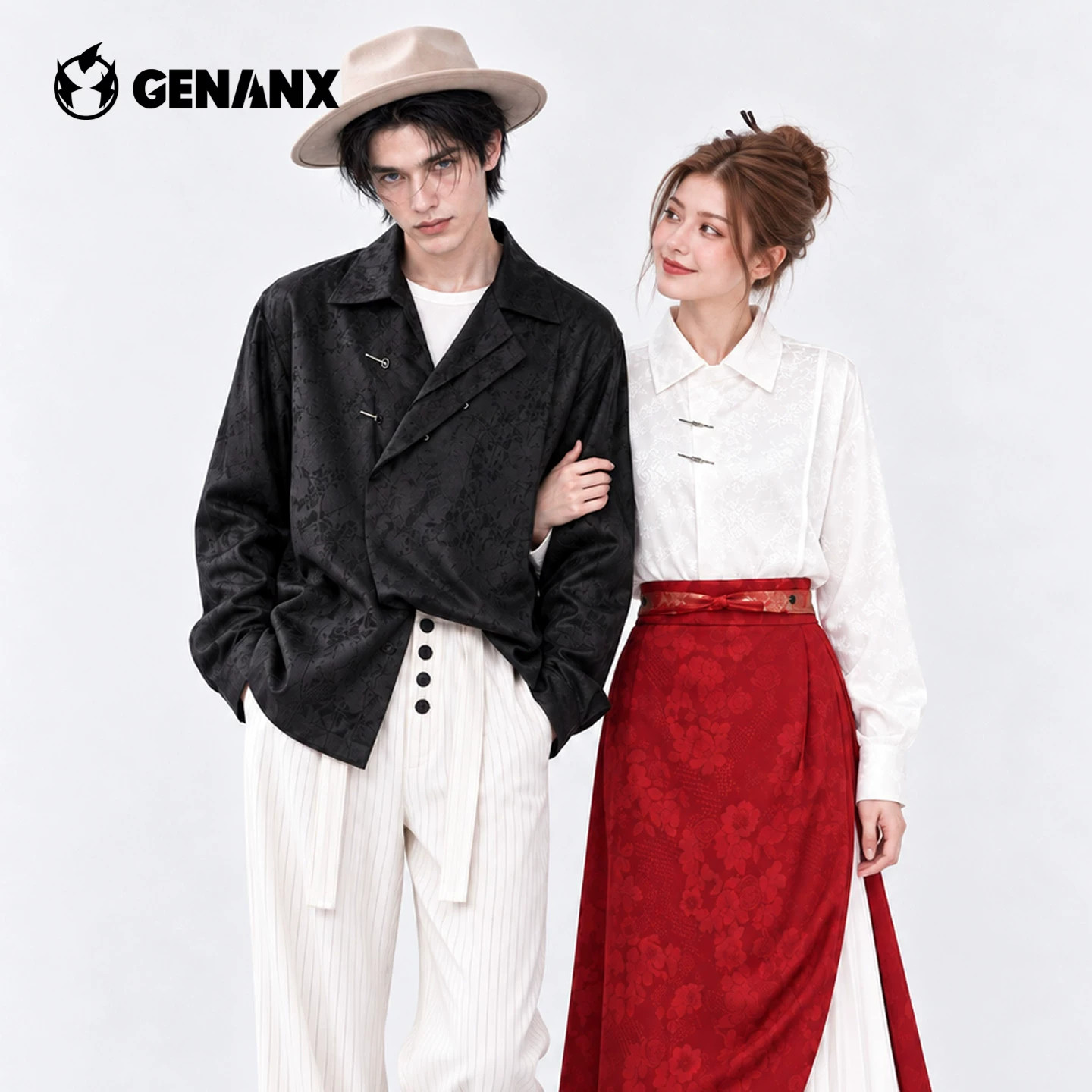 GENANX新中式暗纹提花衬衫2026秋季新款男女同款国风衬衣情侣装