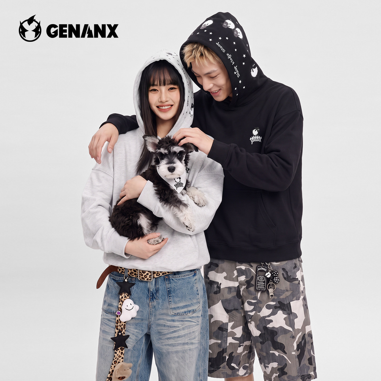 GENANX闪电潮牌连帽卫衣男2026秋季新款宽松情侣微弹印花情侣上衣