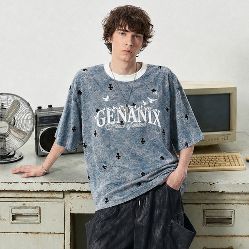GENANX闪电潮牌水洗做旧蓝短袖2026夏季新款复古字母宽松落肩上衣