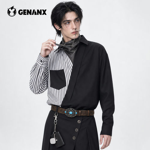 GENANX拼接衬衫男2026秋季新款复古学院风宽松尖领通勤长袖衬衣男
