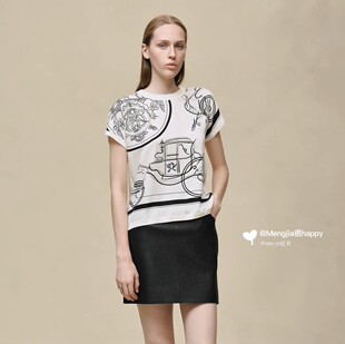 26早春H同款 T恤上衣 19姆米印花真丝斜纹绸拼接棉混纺圆领宽松短袖