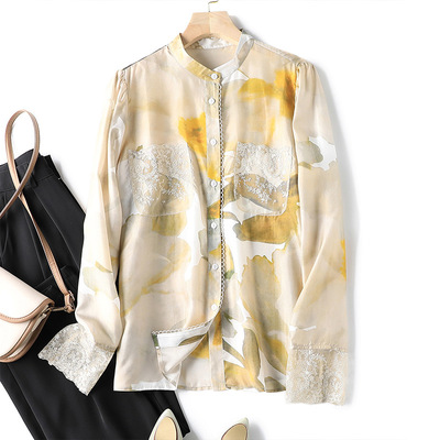 印花拼蕾丝立领桑蚕丝长袖衬衫