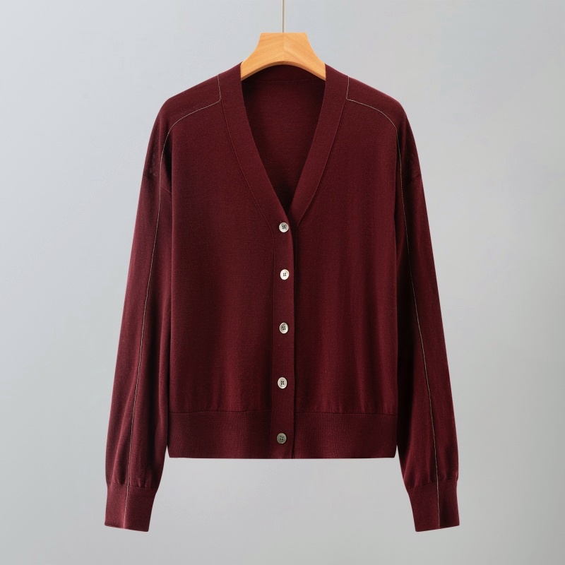 细羊毛珠链V领长袖薄款针织开衫