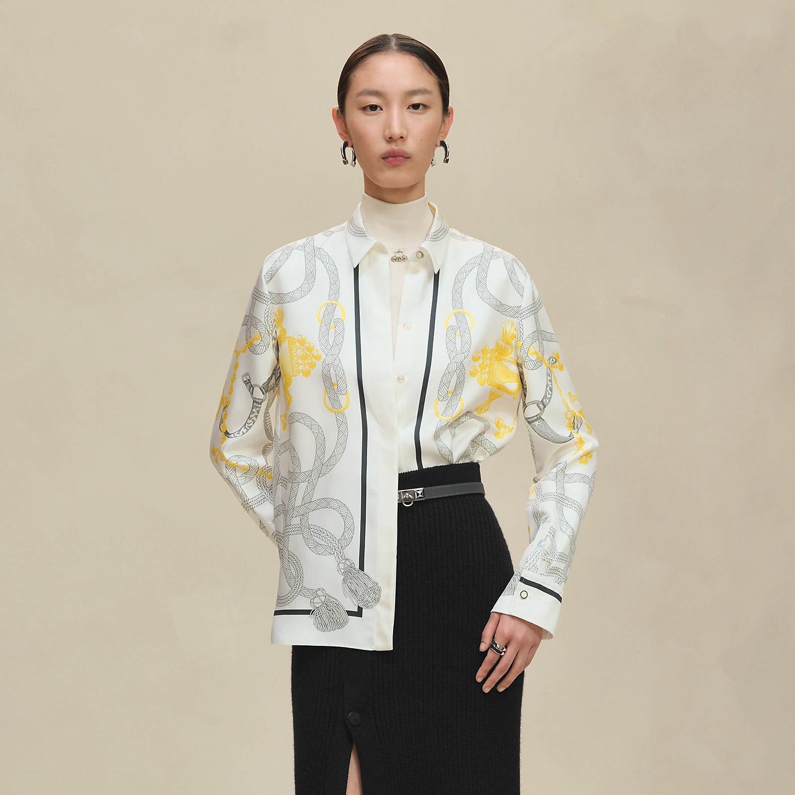 25早春新品定位印花长袖真丝衬衫