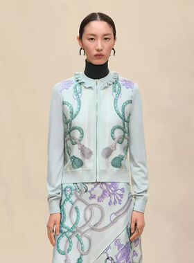 25秋冬新品定位印花真丝斜纹绸拼接羊毛混纺针织长袖开衫外套