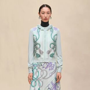 开衫 外套 定位印花真丝斜纹绸拼接羊毛混纺针织长袖 25秋冬新品