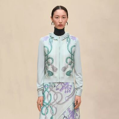 印花真丝拼羊毛针织长袖开衫外套