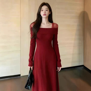 重要场合绝美平时可穿小礼服法式复古网纱拼接修身红色针织连衣裙