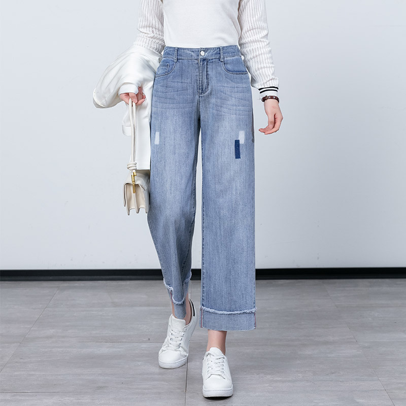 牛仔烟馆直筒裤女裤外翻毛边九分阔腿裤版型韩版独特超好看裤子