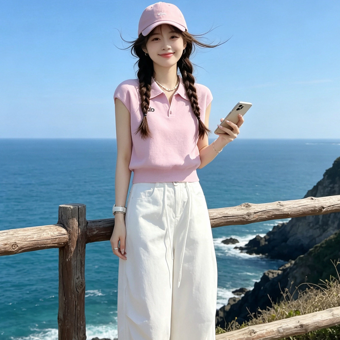 巨好看的穿搭一整套2026新款粉色polo领针织T恤阔腿裤套装女夏季