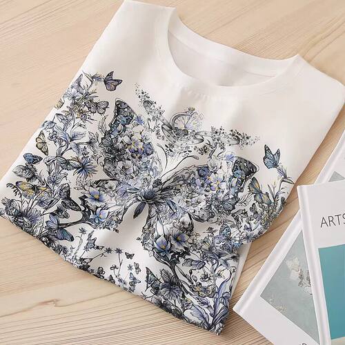 高端面料-真丝拼接棉印花短袖T恤女街头风圆领直筒宽松白色上衣