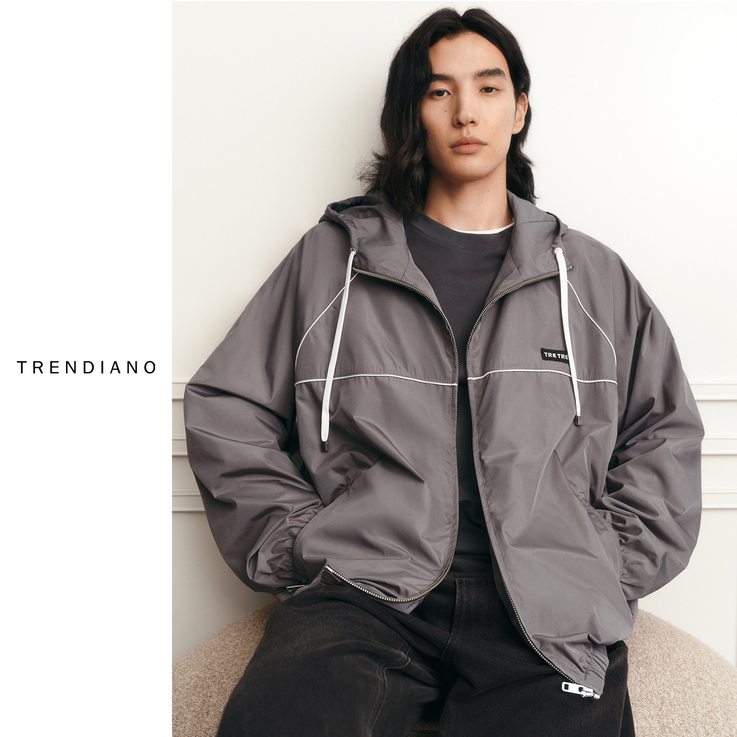 TRENDIANO2026新款春季真丝连帽开衫短款男款风衣外套 1SM409069H