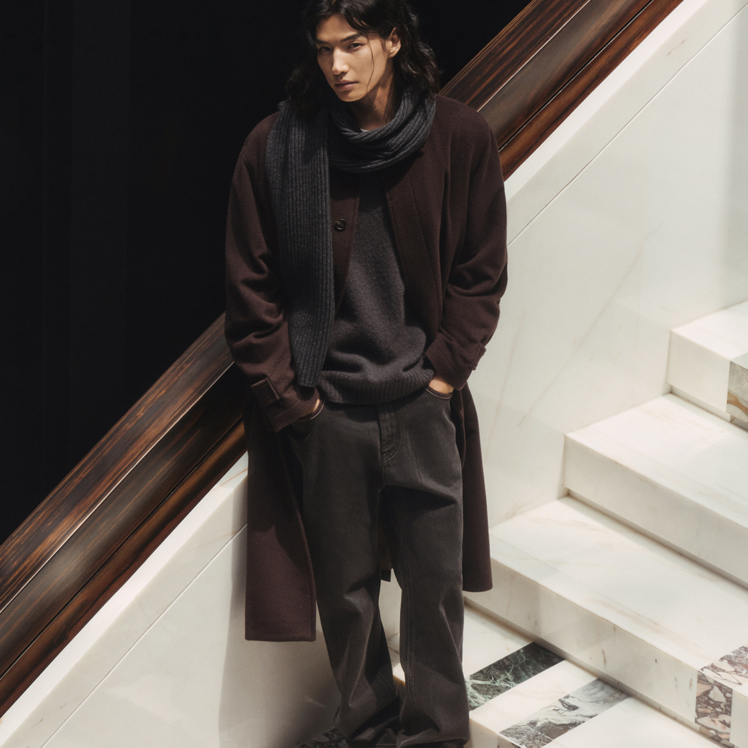 TRENDIANO2025秋冬新款真丝羊毛宽松男款毛呢长款大衣 1SM434001H