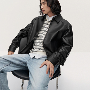 TRENDIANO2025新款真羊皮衣拉链翻领男款皮衣夹克 1SM1310830