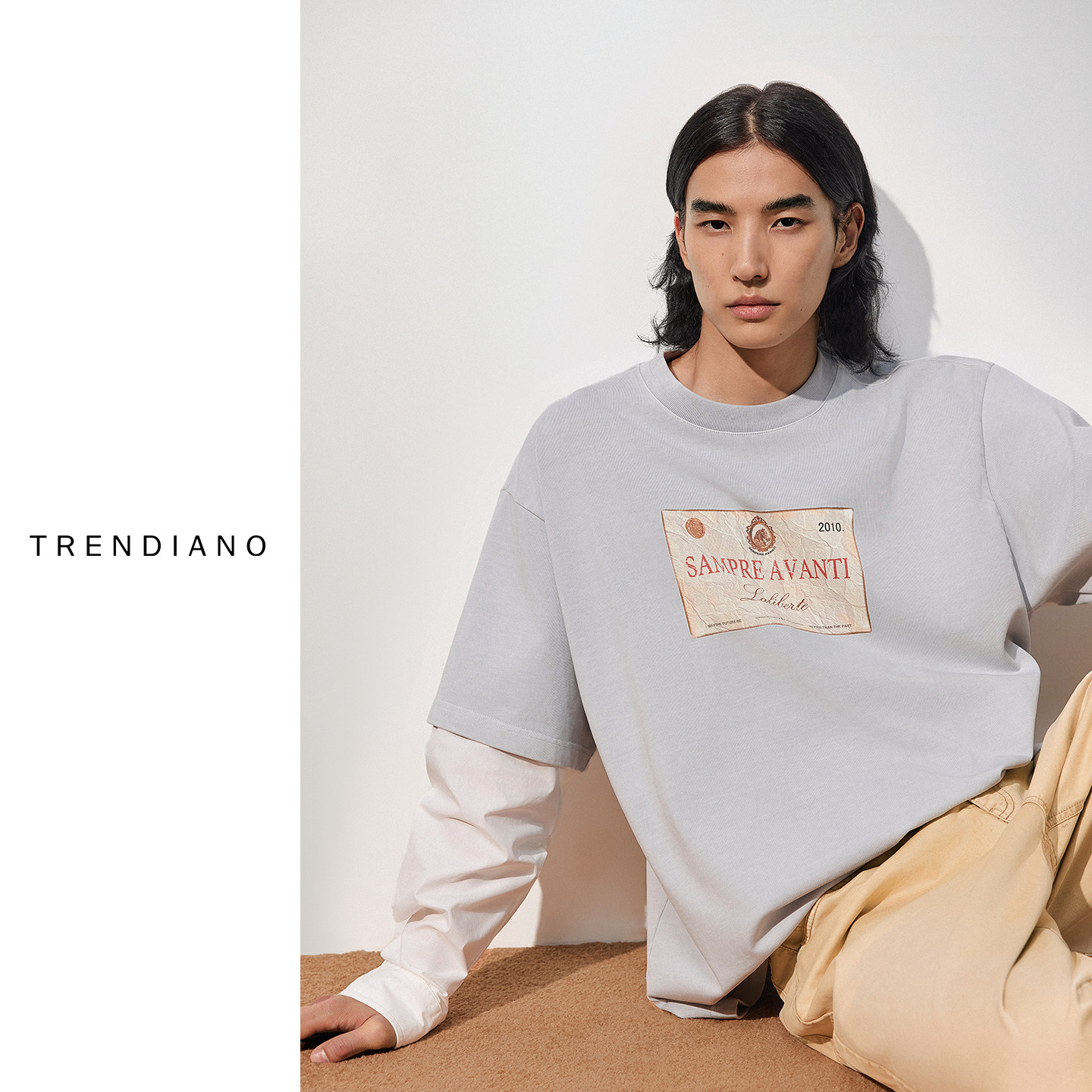 TRENDIANO2026春季新款假两件撞色长袖男款圆领T恤 1SE4021650