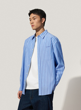 TRENDIANO2025年秋季新款莱赛尔灰蓝条纹学院风衬衫 1ST3010400