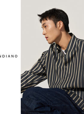 TRENDIANO2025秋冬新款莫尔代棉蓝杏条纹男款长袖衬衫 1SM3010650