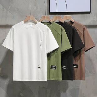 T恤男士 纯色半袖 夏季 凉感韩版 宽松上衣 圆领薄款 潮流拼接短袖