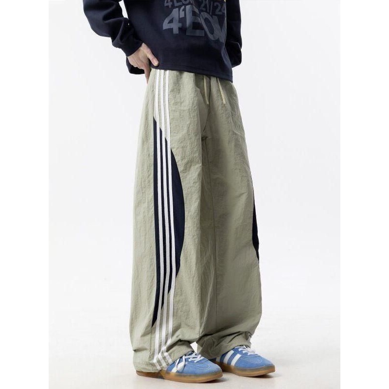 复古撞色条纹休闲裤男夏季休闲阔腿裤美式学院风运动裤春秋潮牌裤