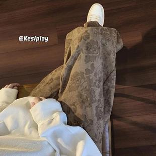 古着vintage裤子棕色提花满印阔腿工装裤秋冬美式高街宽松休闲裤