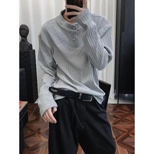 秋季 男款 老钱风亨利领t恤高级感休闲上衣 polo衫 灰色cleanfit长袖