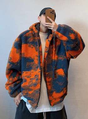 300斤大码男装秋冬复古痞帅橙色火烧云扎染连帽羊羔毛保暖厚外套