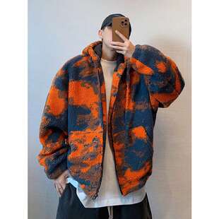 300斤大码 秋冬复古痞帅橙色火烧云扎染连帽羊羔毛保暖厚外套 男装